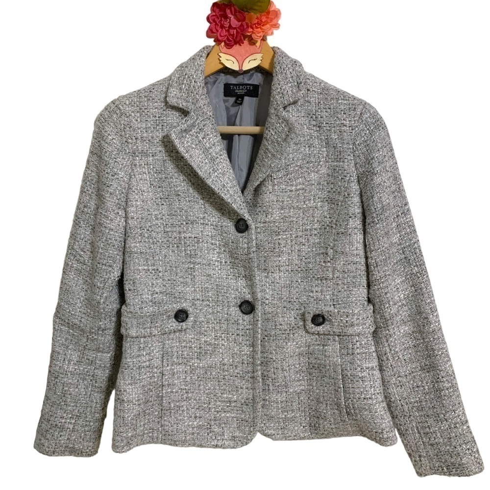 Talbots petites blazer gray metallic tweed two button closure jacket size 4P